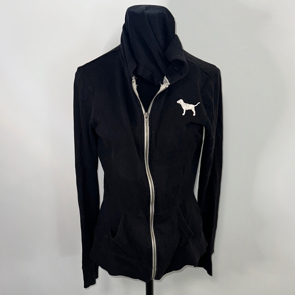 PINK Victoria's Secret Black Zip-Up Hoodie with White Dog Logo